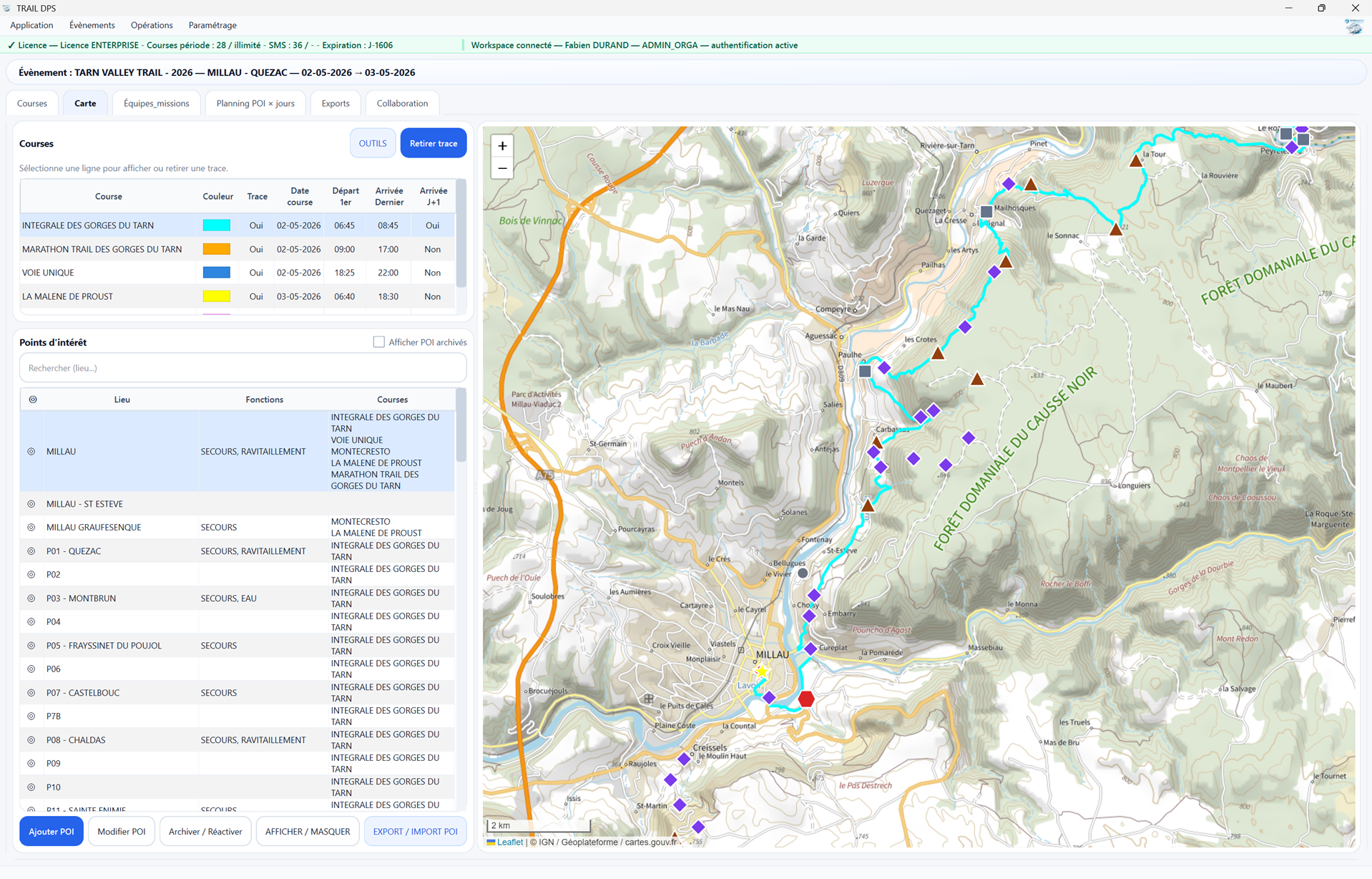 Planification cartographique des parcours et points d'intérêt dans TRAIL DPS
